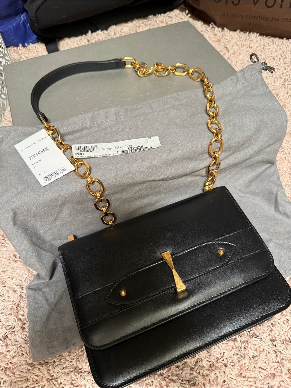 Alexander McQueen Black Leather Shoulder Bag with Gold Chain. Worn barely twice